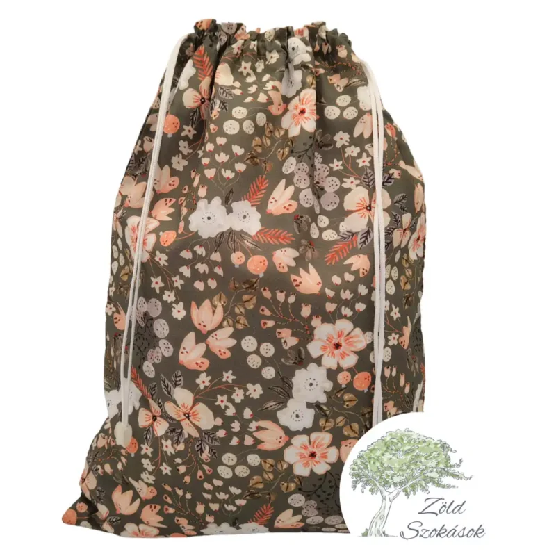 Kenyeres zsák, sötétzöld alapon fehér- halványnarancs virágok